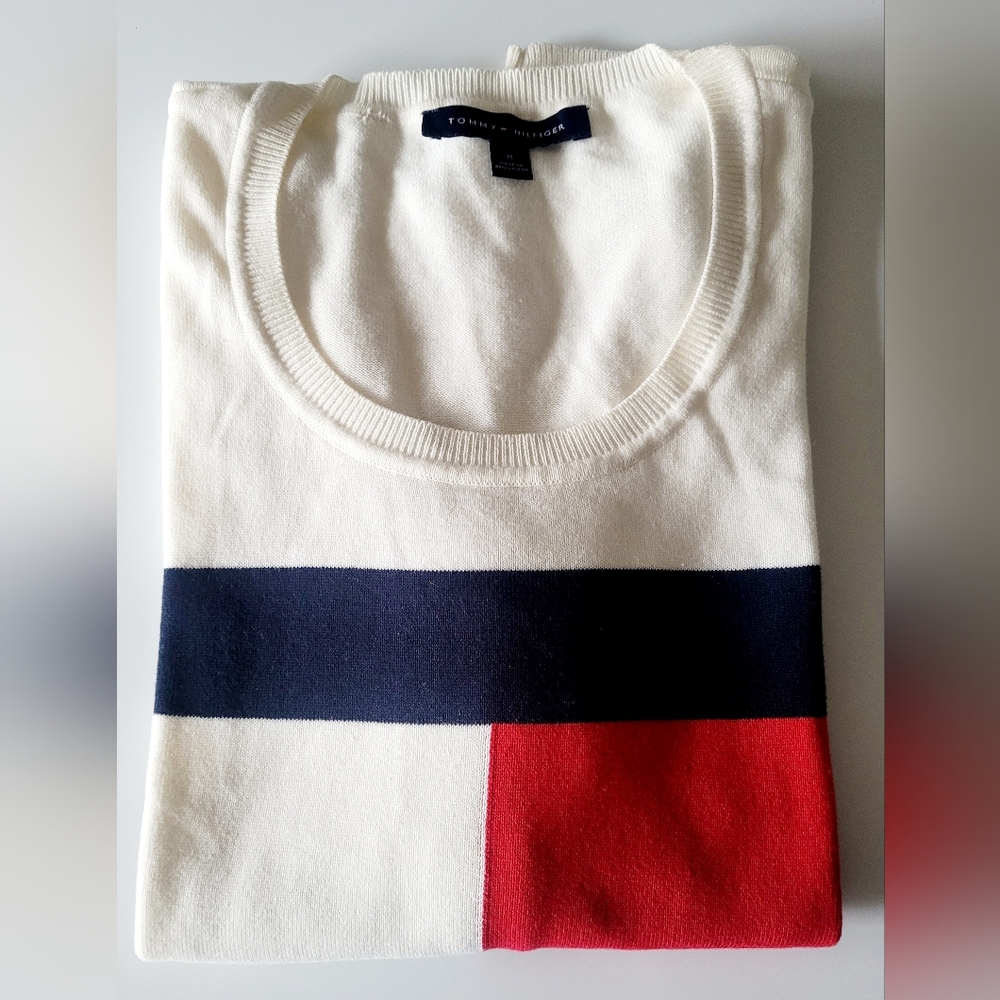 Tommy Hilfiger 100% Cotton Women's Colorblock Knit Sweater White/Red/Blue Medium - Picture 6 of 16